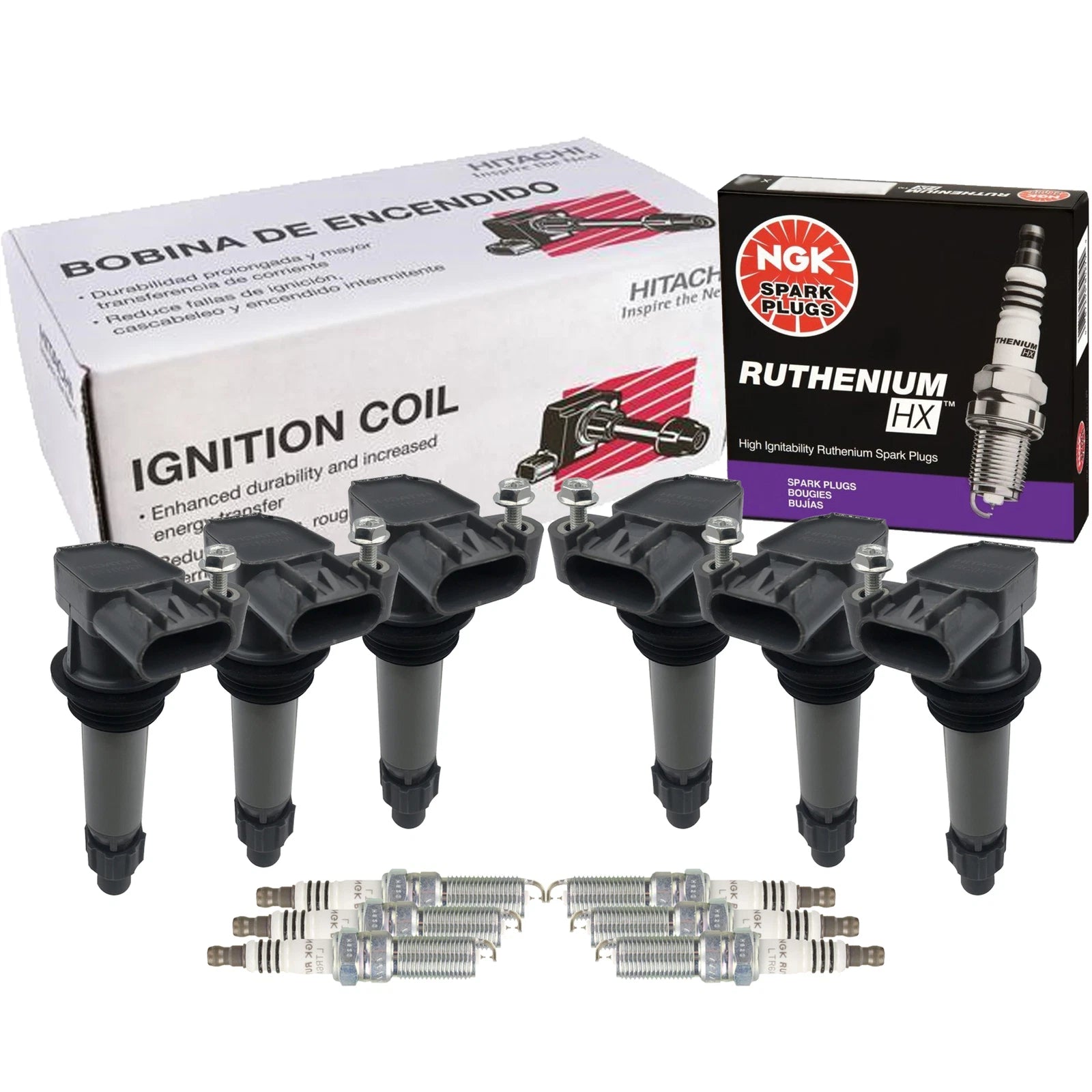 Set of 6 Ignition Coils & Spark Plugs for V6 (Hitachi, NGK)