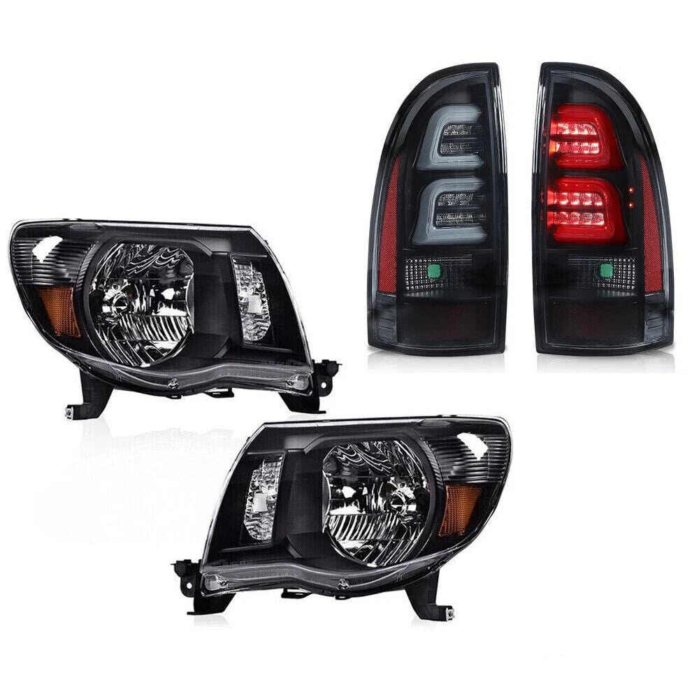 Set of 2 Black Amber Headlights & LED Tail Lights for Toyota Tacoma (2005–2011)