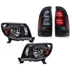 Set of 2 Black Amber Headlights & LED Tail Lights for Toyota Tacoma (2005–2011)