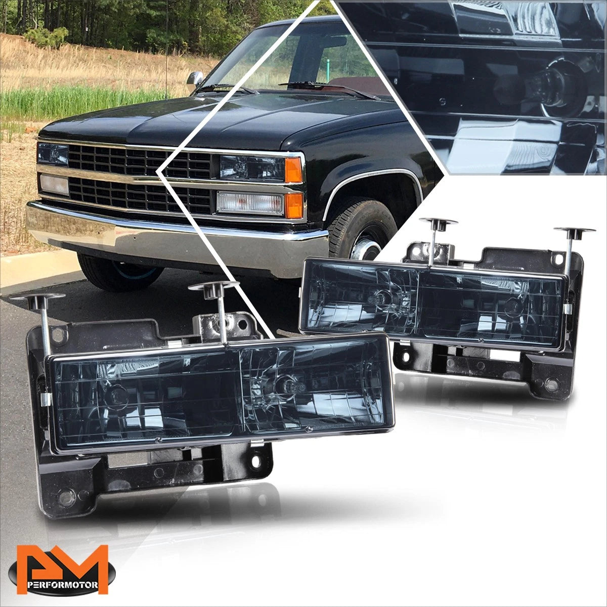 Smoked Housing Clear Lens Headlight for Chevy GMC C/K Pickup Suburban (1988–1999)