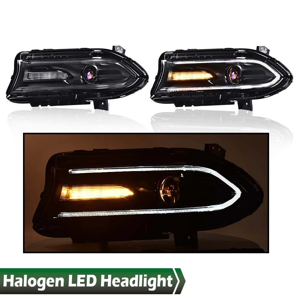 Set of 2 Halogen Projector Headlights with LED DRL for Dodge Charger (2015–2023)