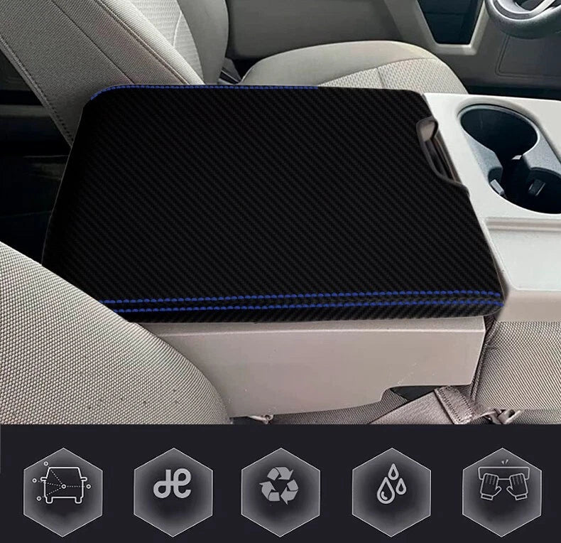 Console Lid Jump Seat Cover for Ford F150 (2004–2008) Carbon Fiber Blue Stitch