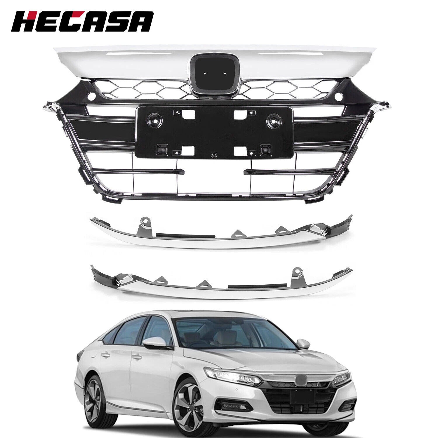Front Bumper Grille for Honda Accord (2018–2019) Black with Chrome Molding