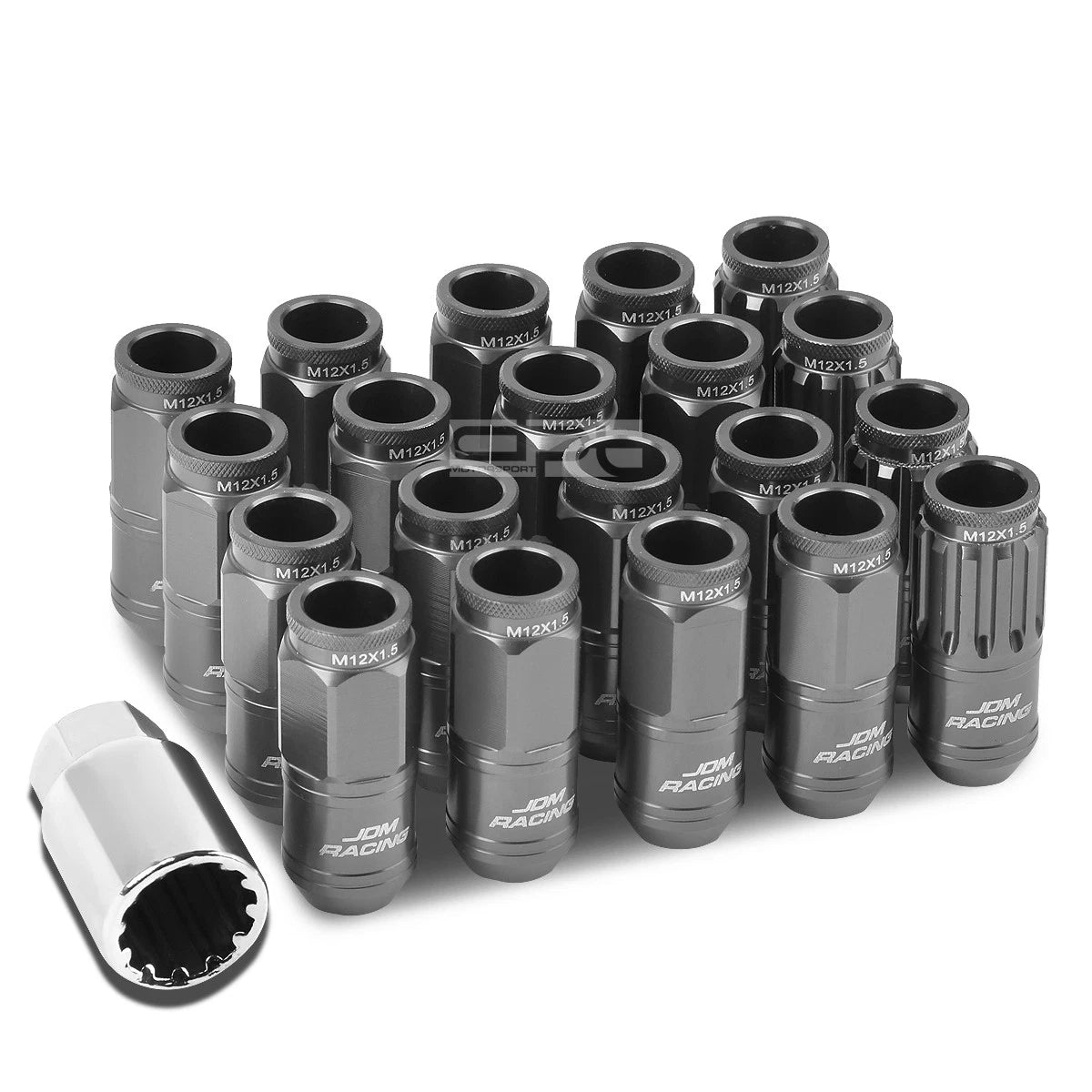 Set of 4 Open-End Aluminum Gun Metal Lug Nuts + Adapter M12x1.5 21mm OD 50mm Tall