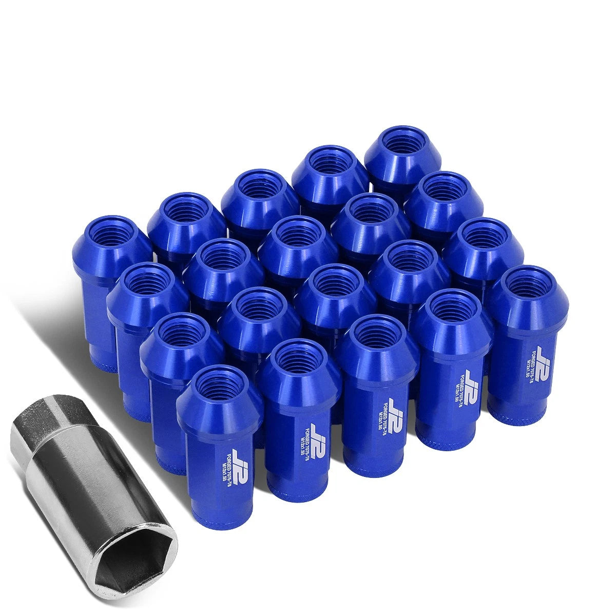 Set of 20 J2 7075 Forged Aluminum M12x1.5 Open-End Lug Nuts w/Adapter Blue