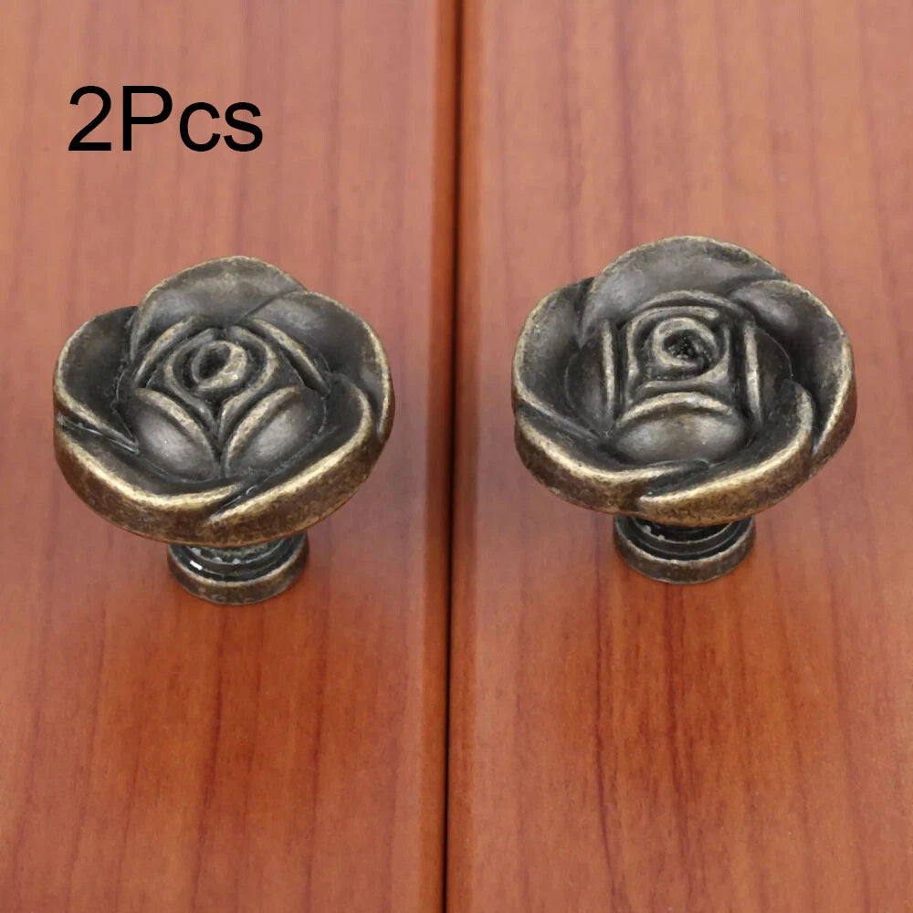 2X Antique Rose Flower Cabinet Drawer Pull Knob for Furniture