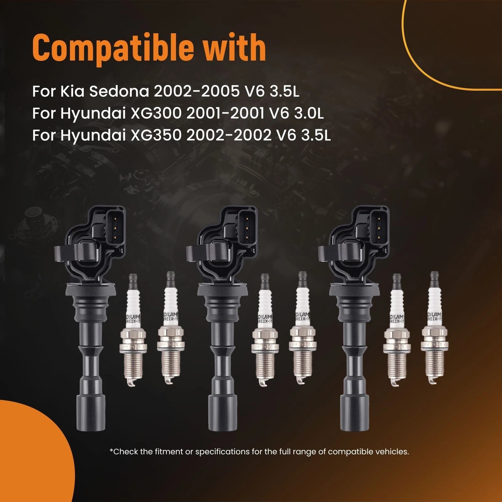 3X Ignition Coil + 6X Spark Plug Set for Kia Sedona (2002–2005) 2730039050