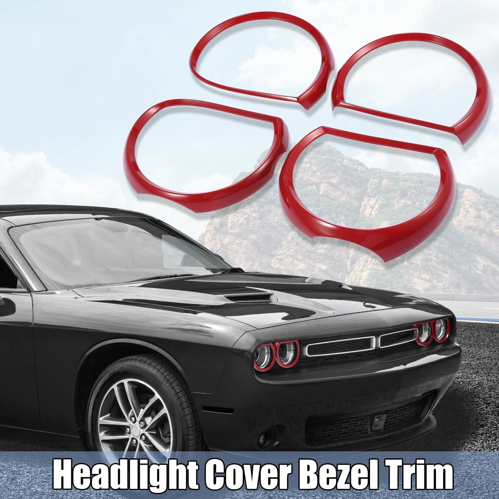Set of 4 Red Headlight Cover Trim Rings for Dodge Challenger (2015–2021)