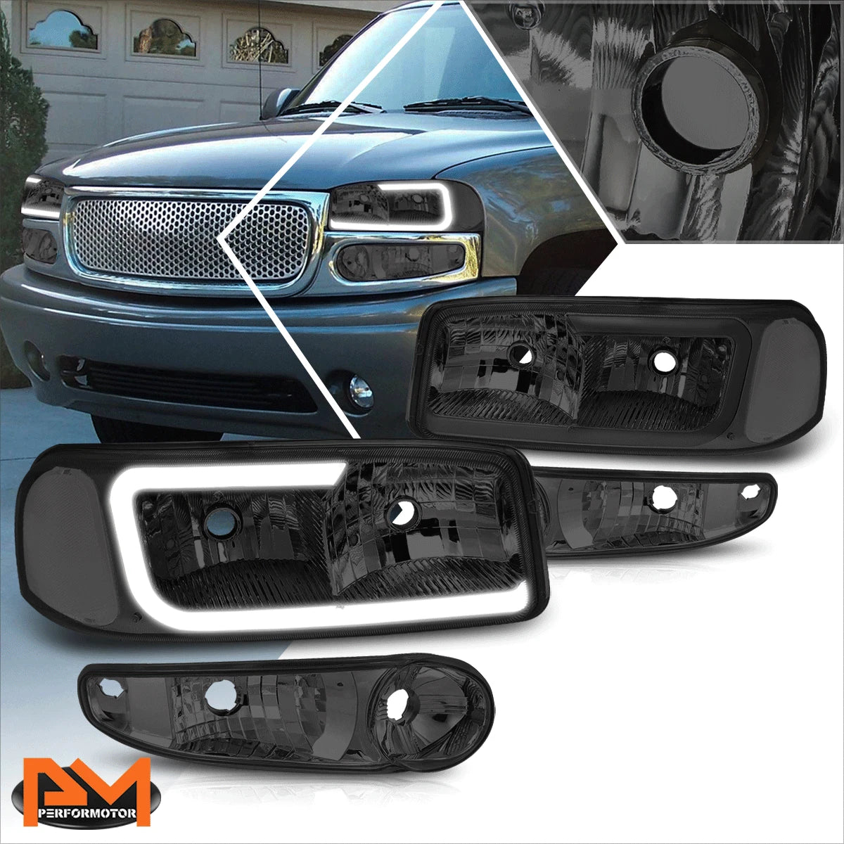 LED DRL Headlight Set for Yukon XL/Sierra Denali (2000–2006) w/ Bumper Lamps Smoked/Clear