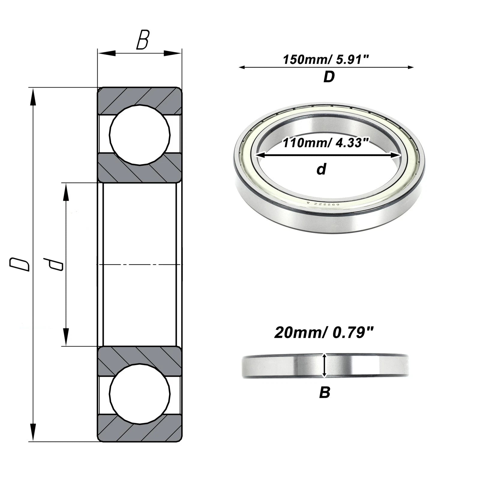 Deep Groove Ball Bearing 110x150x20mm for Scooter Skateboard (N/A)