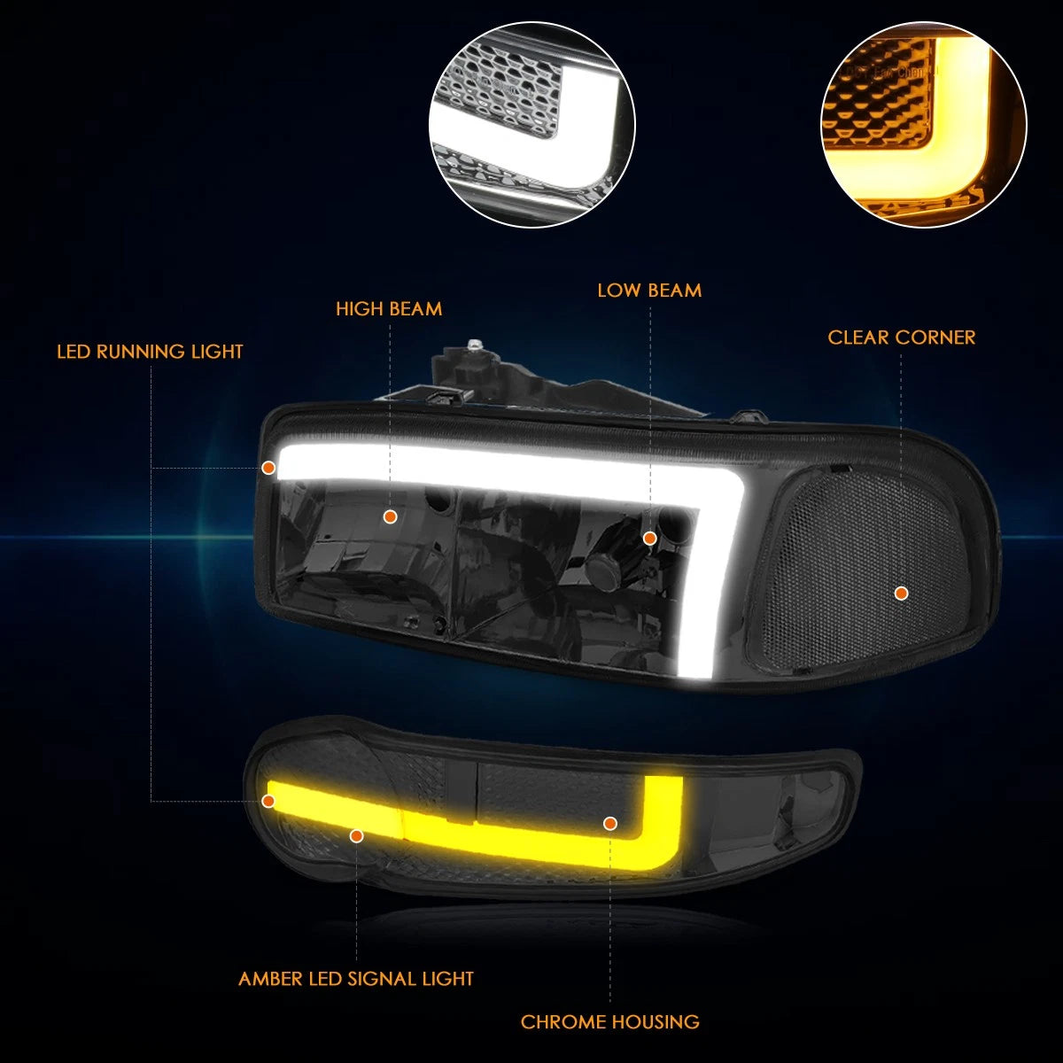 Set of 4 LED DRL Headlights for Sierra Yukon 1500 Denali (2002–2006)