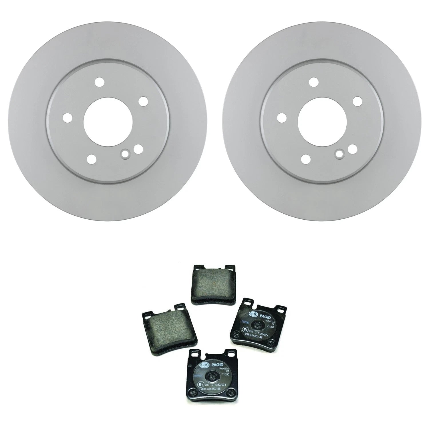 Set of 2 Bosch QuietCast Rear Rotors & Hella Low-Met Pads for W210 E300 E320 (1996–2002)