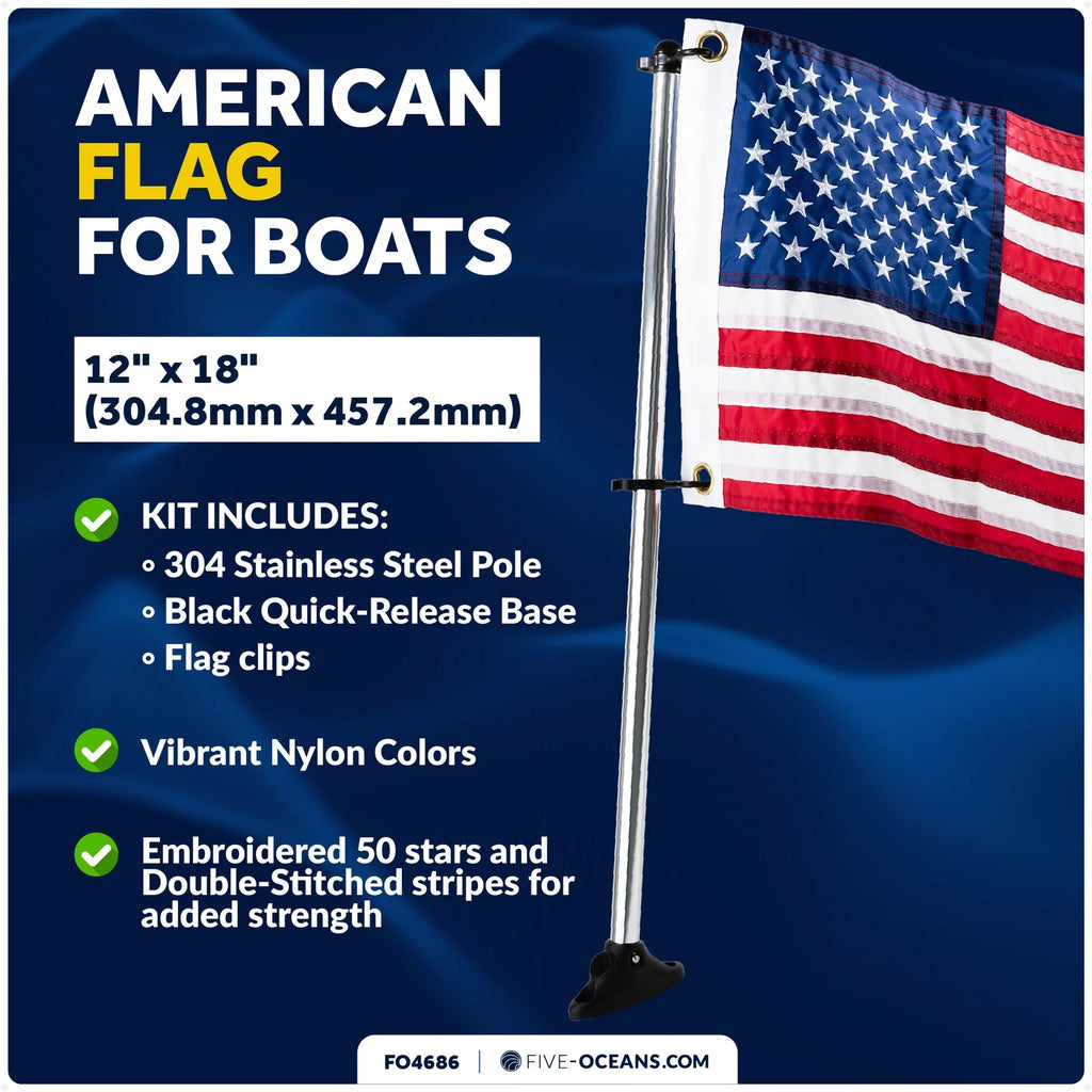 Pontoon Flag Pole Socket with US Flag Kit for Boats (12" x 18")