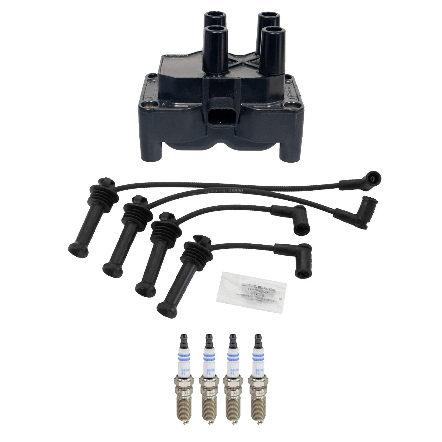 Set of 4 Denso Ignition Coil Wires & Bosch Iridium Spark Plugs for Ford Fiesta (2011–2019)