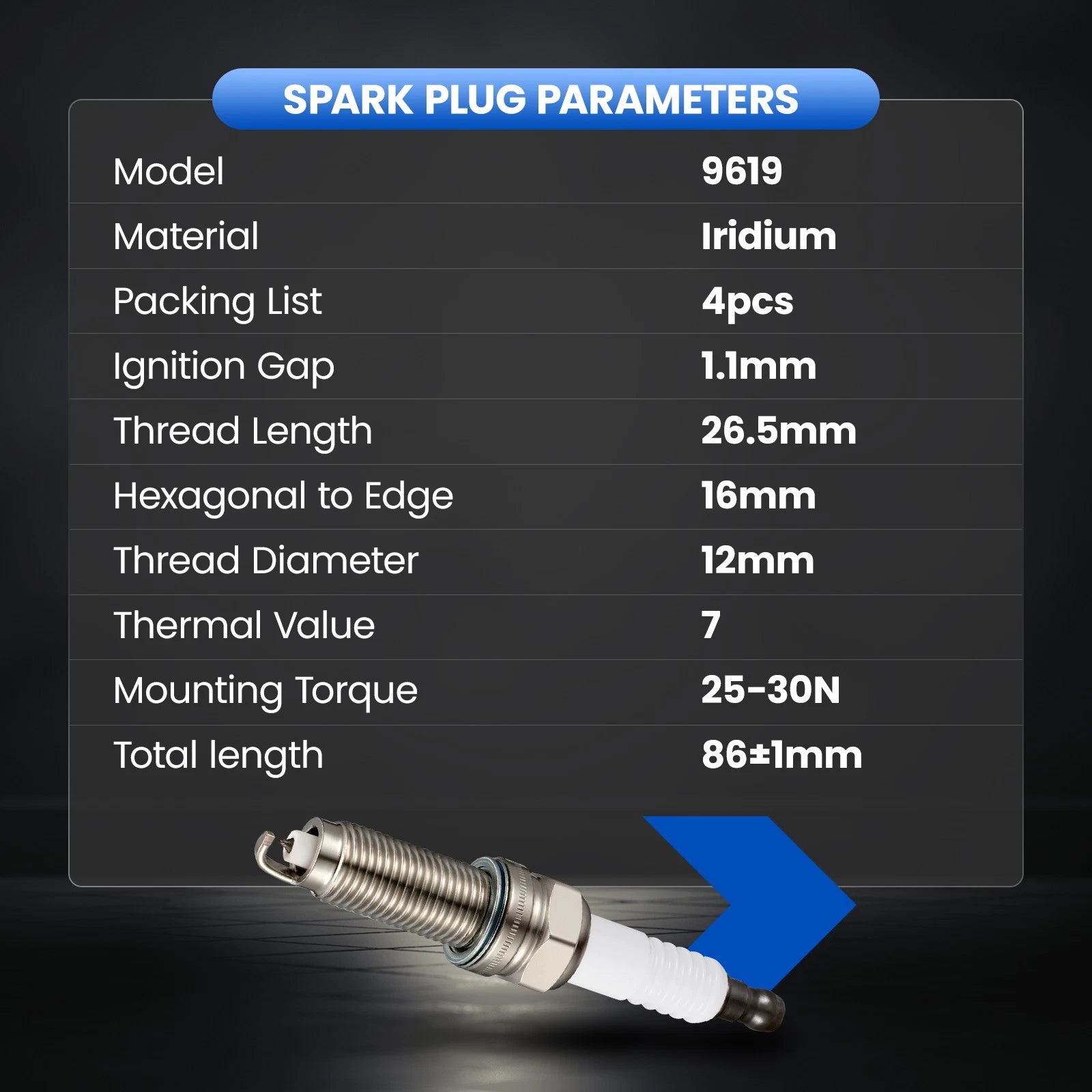 Set of 4 Iridium Spark Plugs for Honda (2012–2015) L4 2.4L 9619