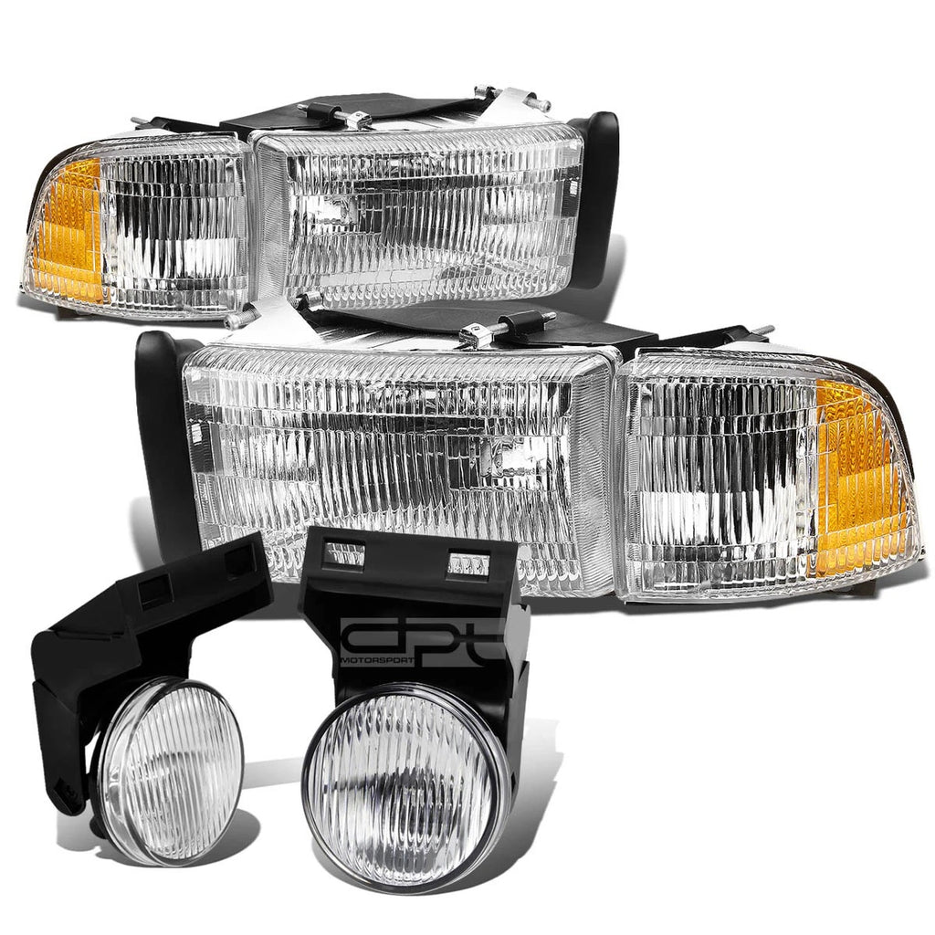 Chrome Prismatic Headlight + Turn Signal + OE Bumper Fog Light for Dodge Ram (1994–2002)