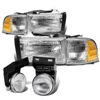 Chrome Prismatic Headlight + Turn Signal + OE Bumper Fog Light for Dodge Ram (1994–2002)