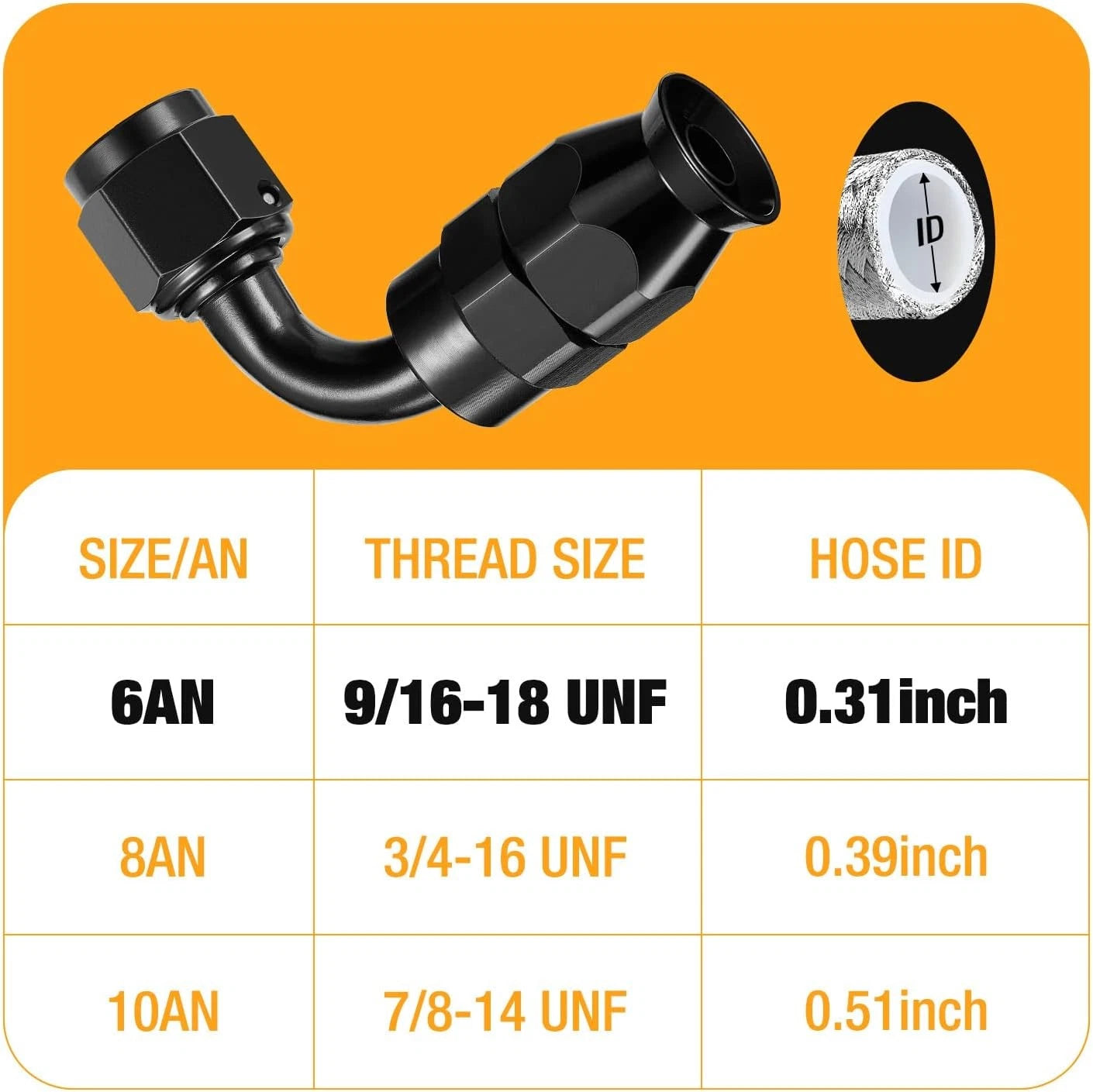 6AN Swivel PTFE Hose End Fittings Adapter 90 Degree for Fuel Hose Line