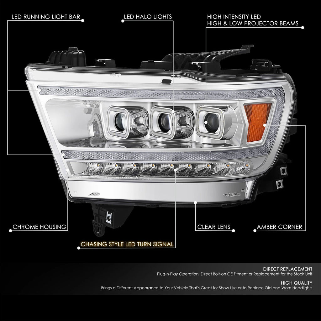 Pair of Chrome Amber LED Headlights for Ram 1500 Big Horn Laramie (2019–2024)
