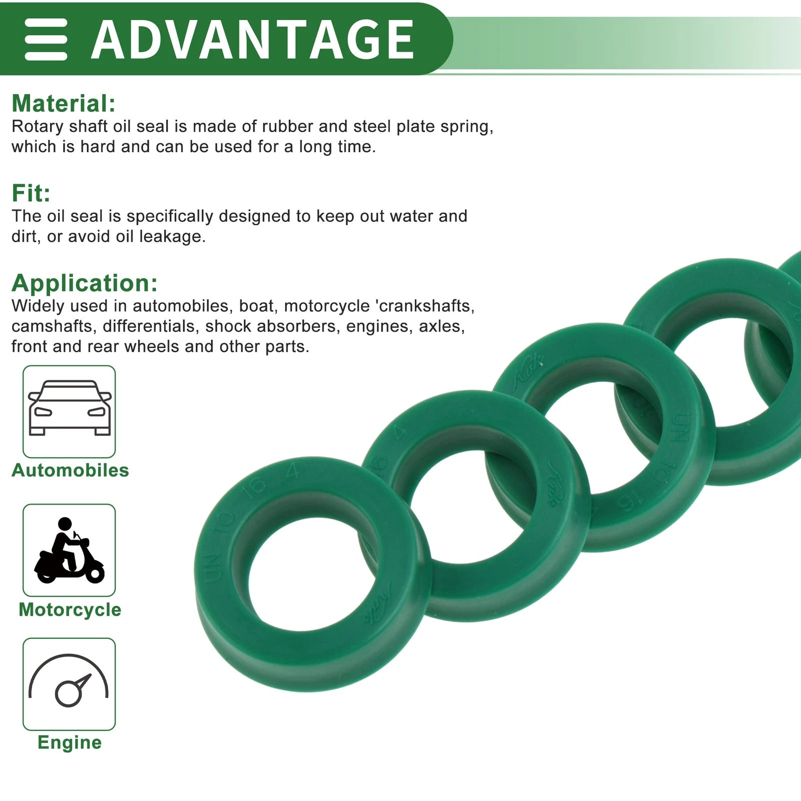 Set of 5 Oil Seal Rotary Shaft Seal 10x16x4mm High Pressure Green for Various Models