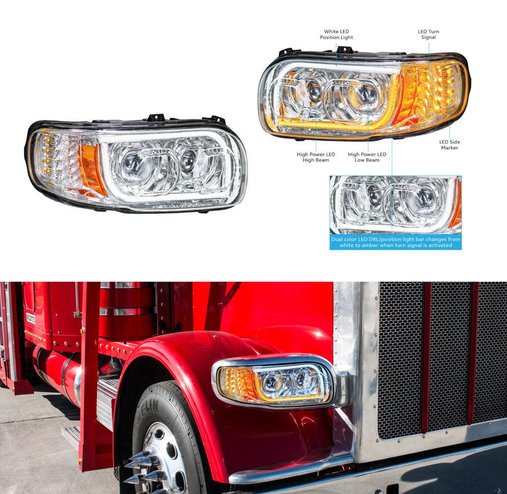 Pair LED Headlights with Dual Function Halo for Peterbilt 388 389 567 (2010–2016)