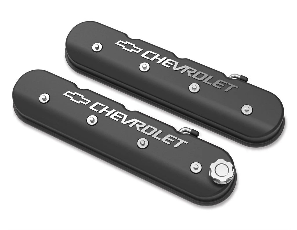 Black Cast Aluminum Valve Covers with Chevrolet Bowtie for LS Engines (1997–2017)