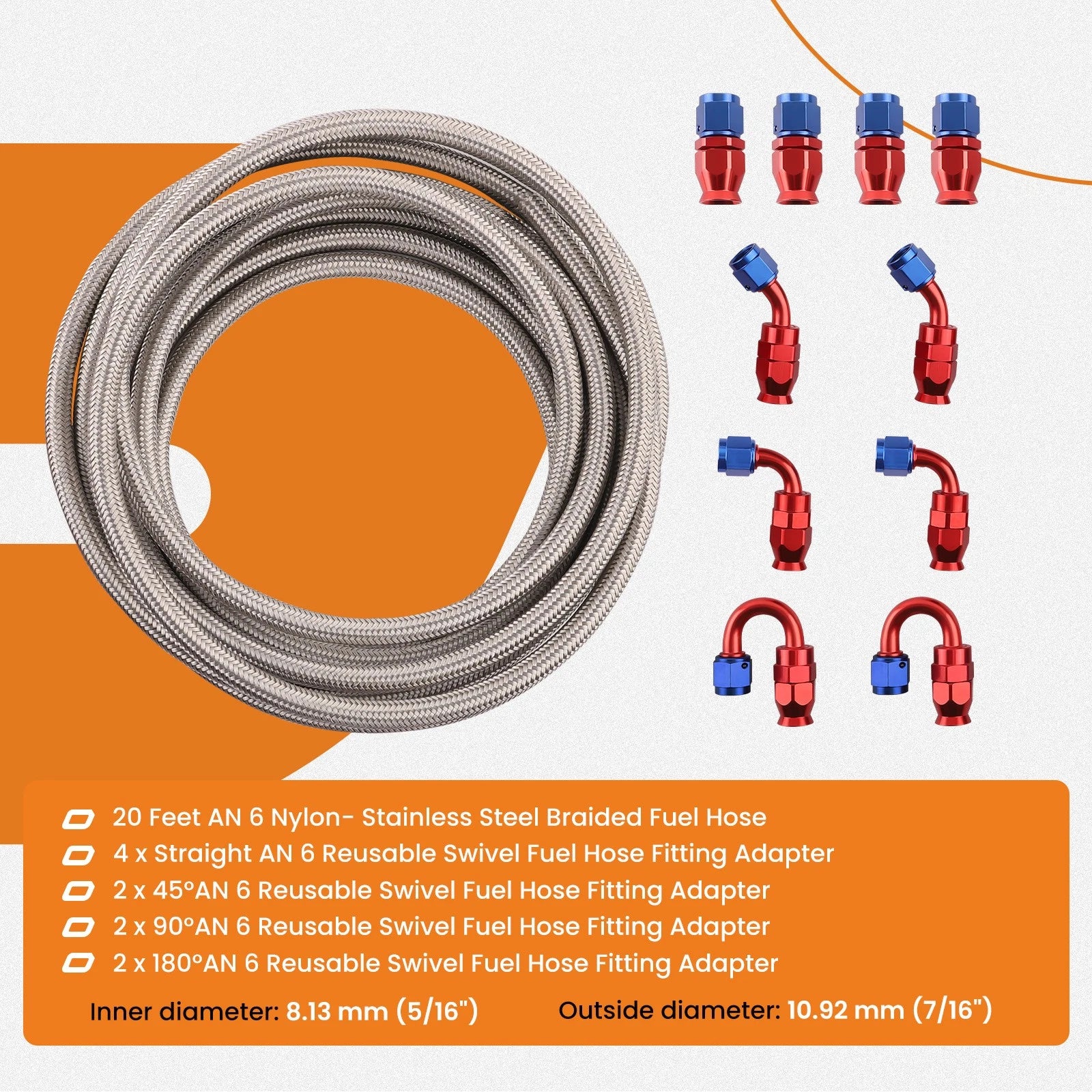 20FT AN6 -6AN Red Swivel Fitting Stainless Steel Braided Fuel Line Hose Kit