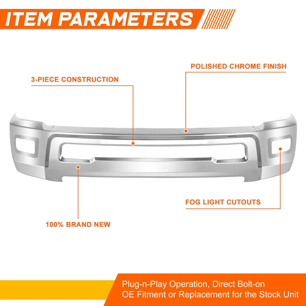 Front Bumper Face Bar for Dodge Ram 2500 3500 (2010–2018) w/ Fog Light Holes Chrome