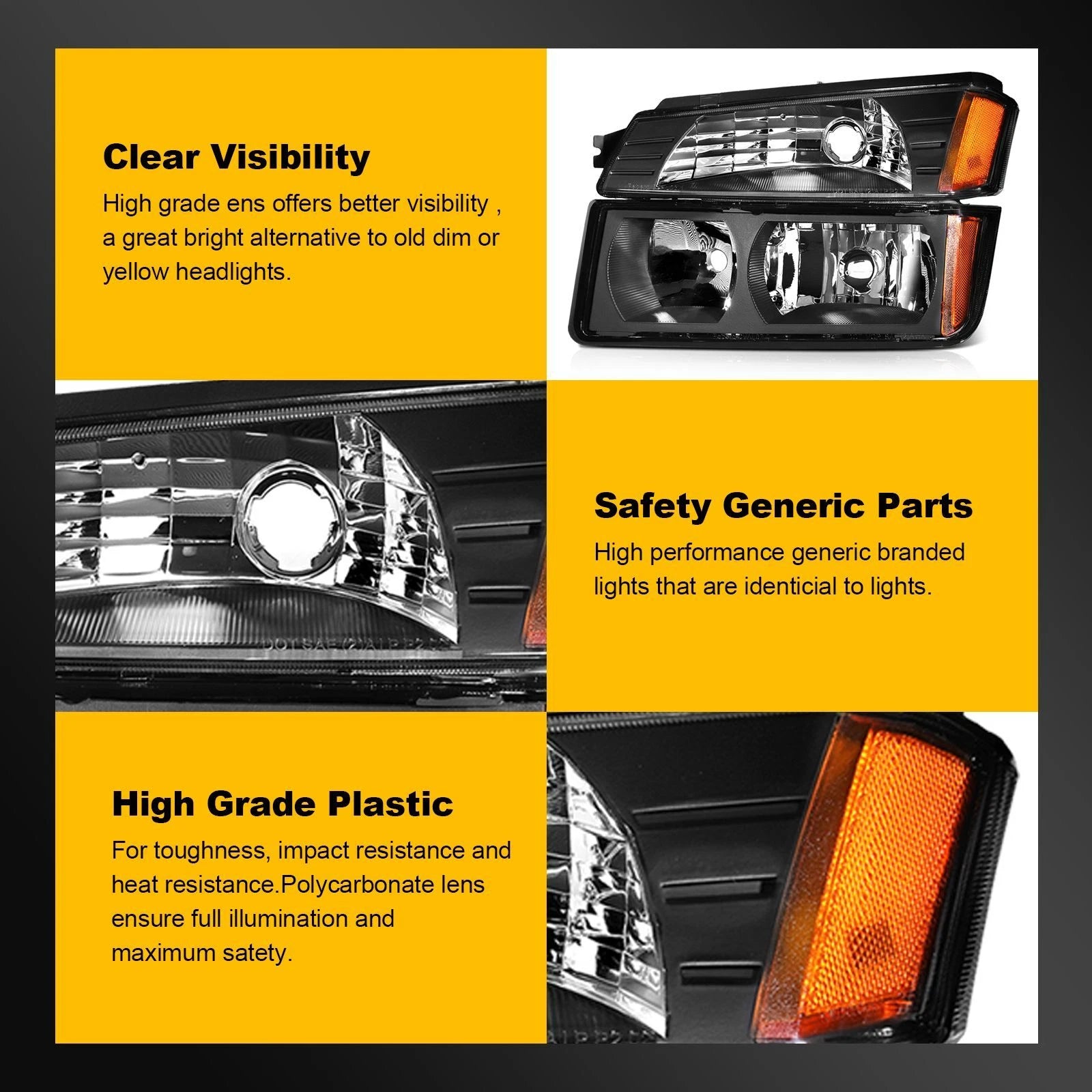 Headlight Assembly for Chevy Avalanche 1500 2500 (2002–2006) Black Housing