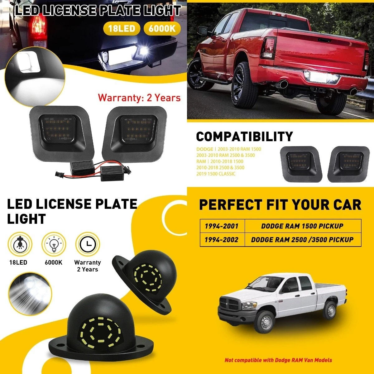 5500K LED Light Plate License Assembly for Dodge Ram 1500 2500 (2003–2018)