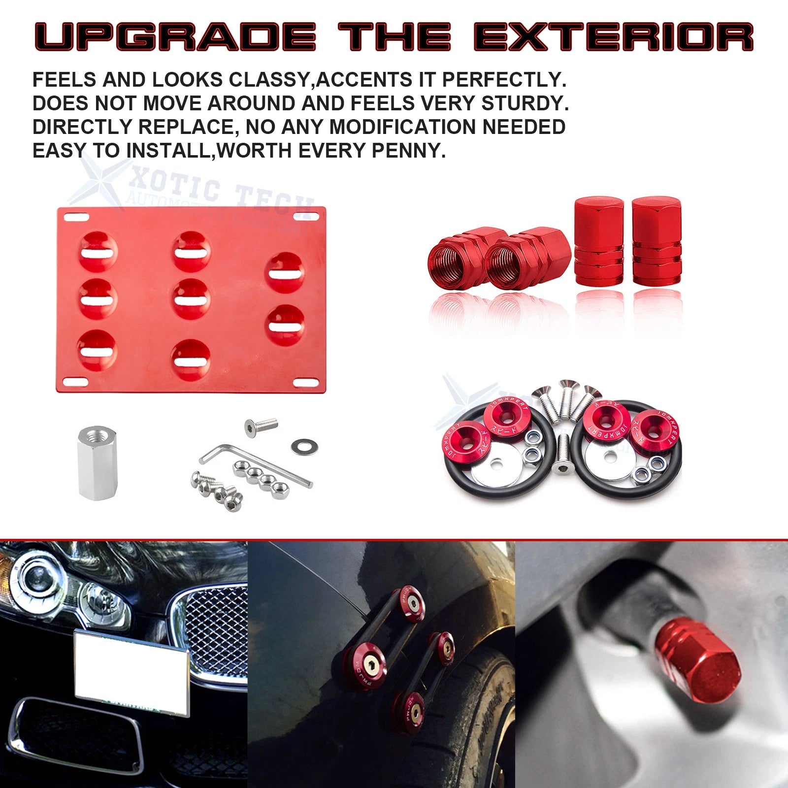 Red Tow License Plate + Air Valve Cap + Release Fastener for Jaguar XF (2009-2020)