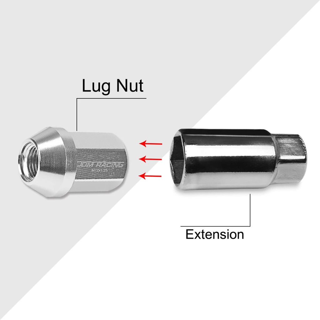 20Pc M12X1.25 Silver JDM Closed End Acorn Hex Wheel Lug Nuts + Extension 25mmx35mm