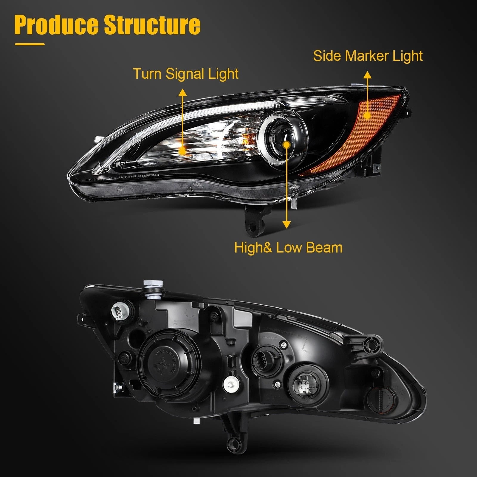 2Pcs Pair Front Headlight for Chrysler 200 (2011–2014) Black Projector