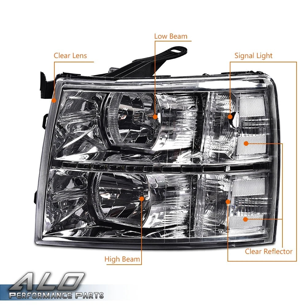 Clear Chrome LED DRL Headlights for Chevy Silverado 1500 2500 3500 (2007–2014)