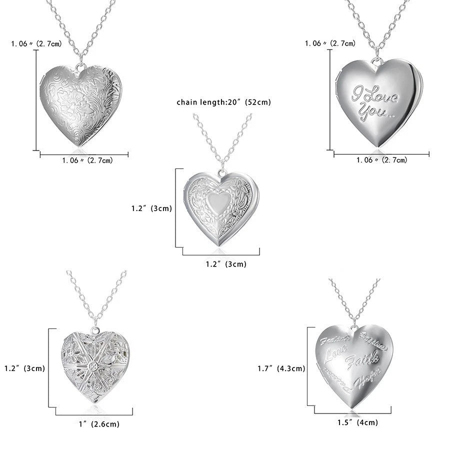 2X Stylish Engraved Silver Heart Locket Necklace for Women - Holds Photos