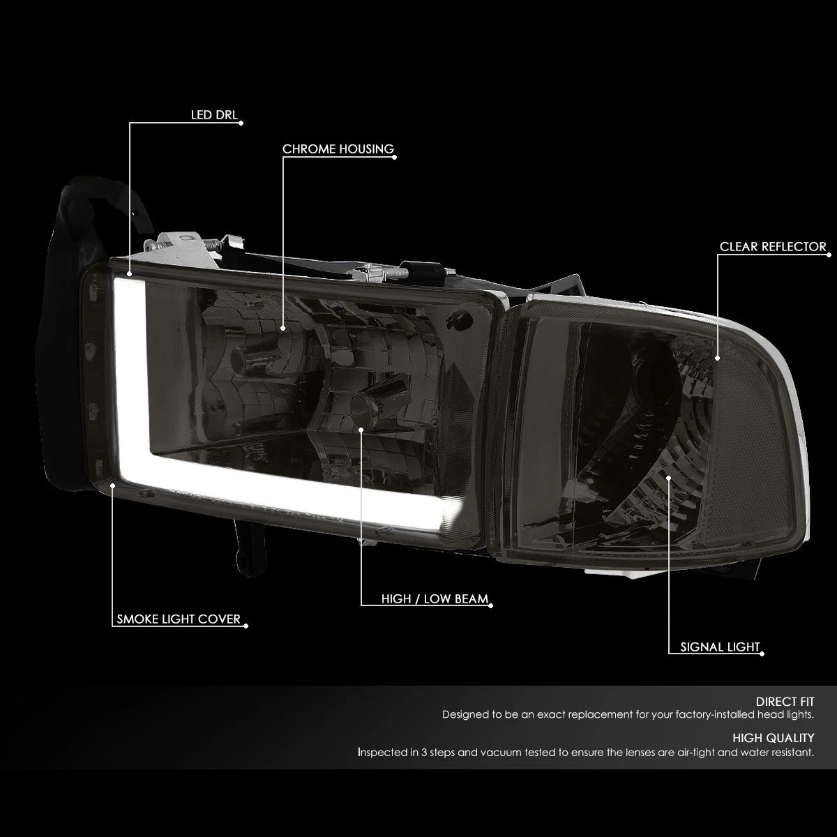 Smoked/Clear Corner LED DRL Headlight for RAM 1500 2500 3500 (1994–2002)