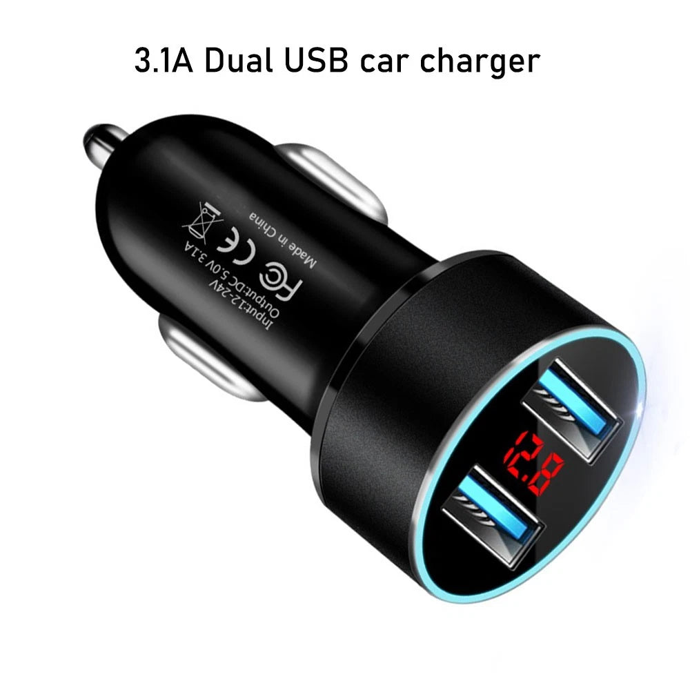 3.1A Dual USB Car Phone Charger for Universal Vehicles (LED Display)