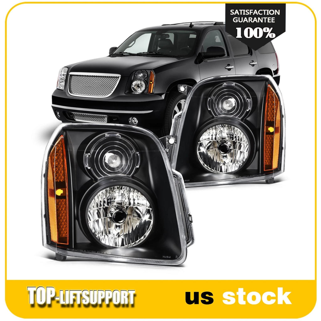 Headlight Assembly Pair for GMC Yukon XL 1500 2500 (2007–2014) Black Amber