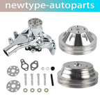 Long Water Pump & 2 Groove Crankshaft Pulley Kit for Chevy SBC 305 350 (1968–1995) Chrome