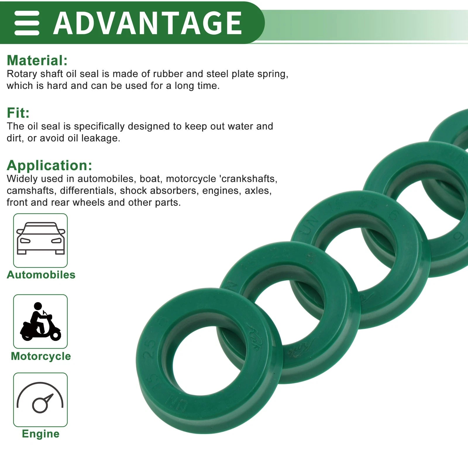 Set of 5 Oil Seal Rotary Shaft Seal 15x25x6mm High Pressure Green for Various Models