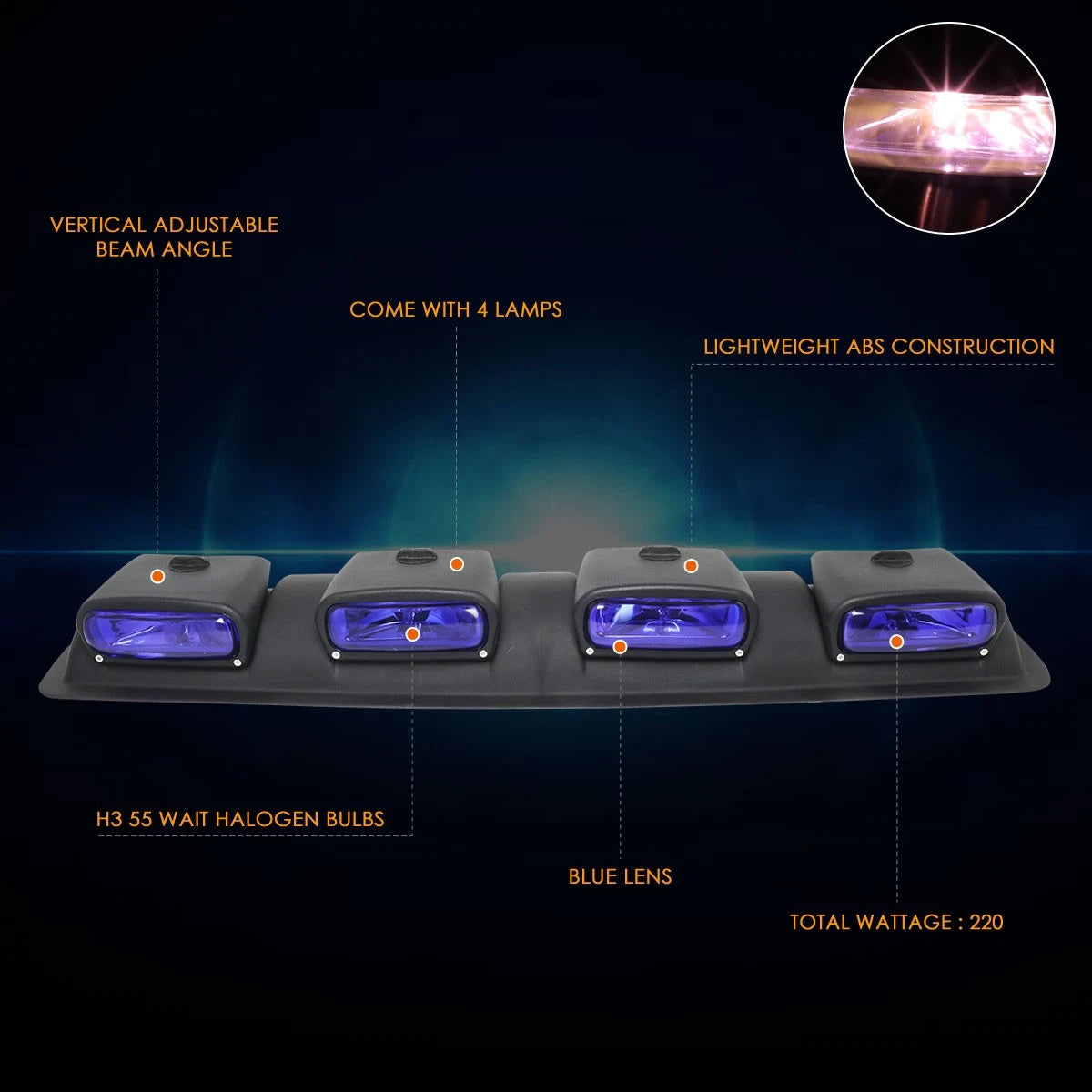 Set of 2 Off-Road Blue Lens Roof Top Mounted Fog Lights for Universal 4X4