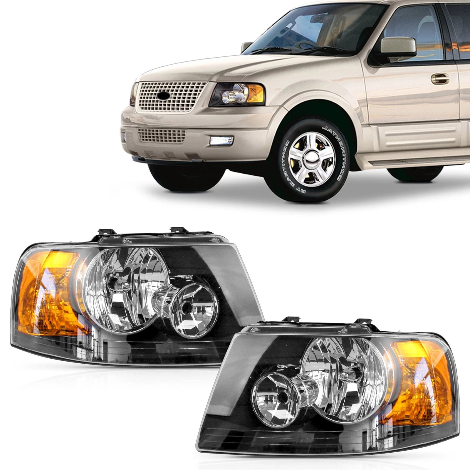 Set of 2 Headlight Assemblies Black for Ford Expedition (2003–2006)