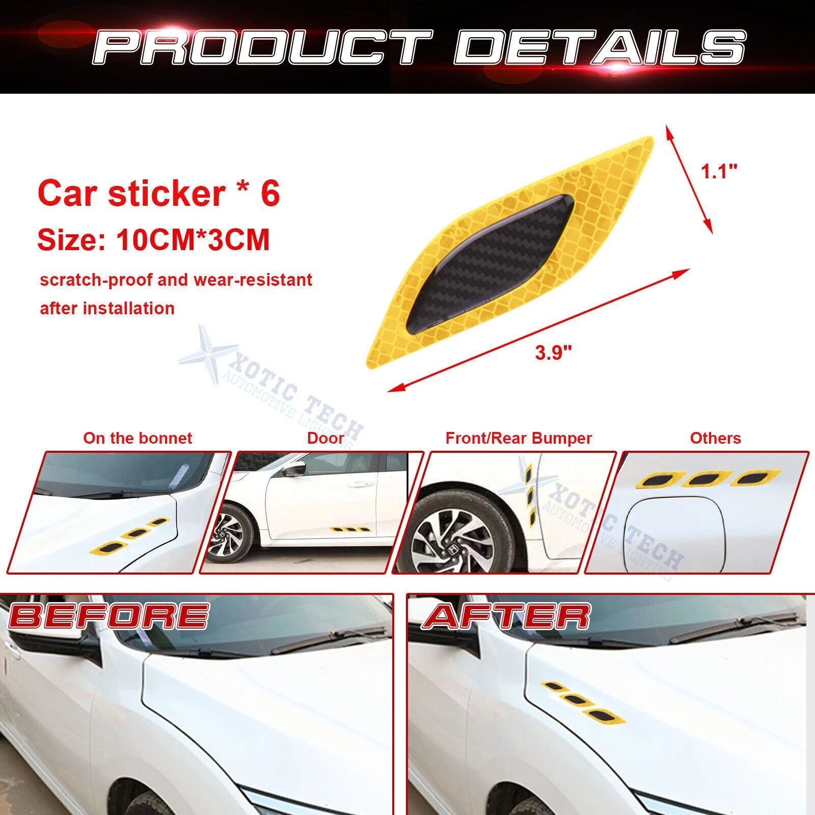 Yellow Carbon Fiber Pattern 3D PVC Night Reflect Vent Edge for Cars (2018-2024)