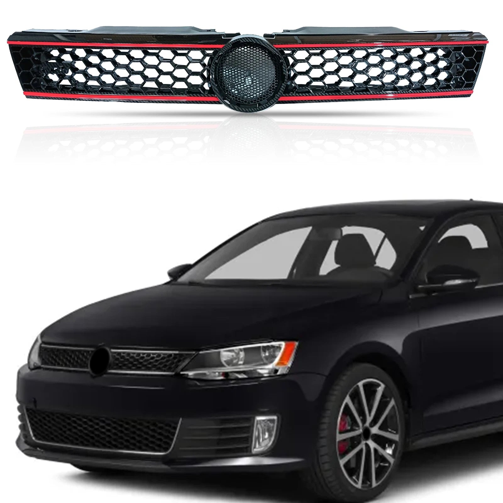 Hex Mesh Front Grille for VW Jetta (2011–2014) - Carbon Fiber Print, Red Trim
