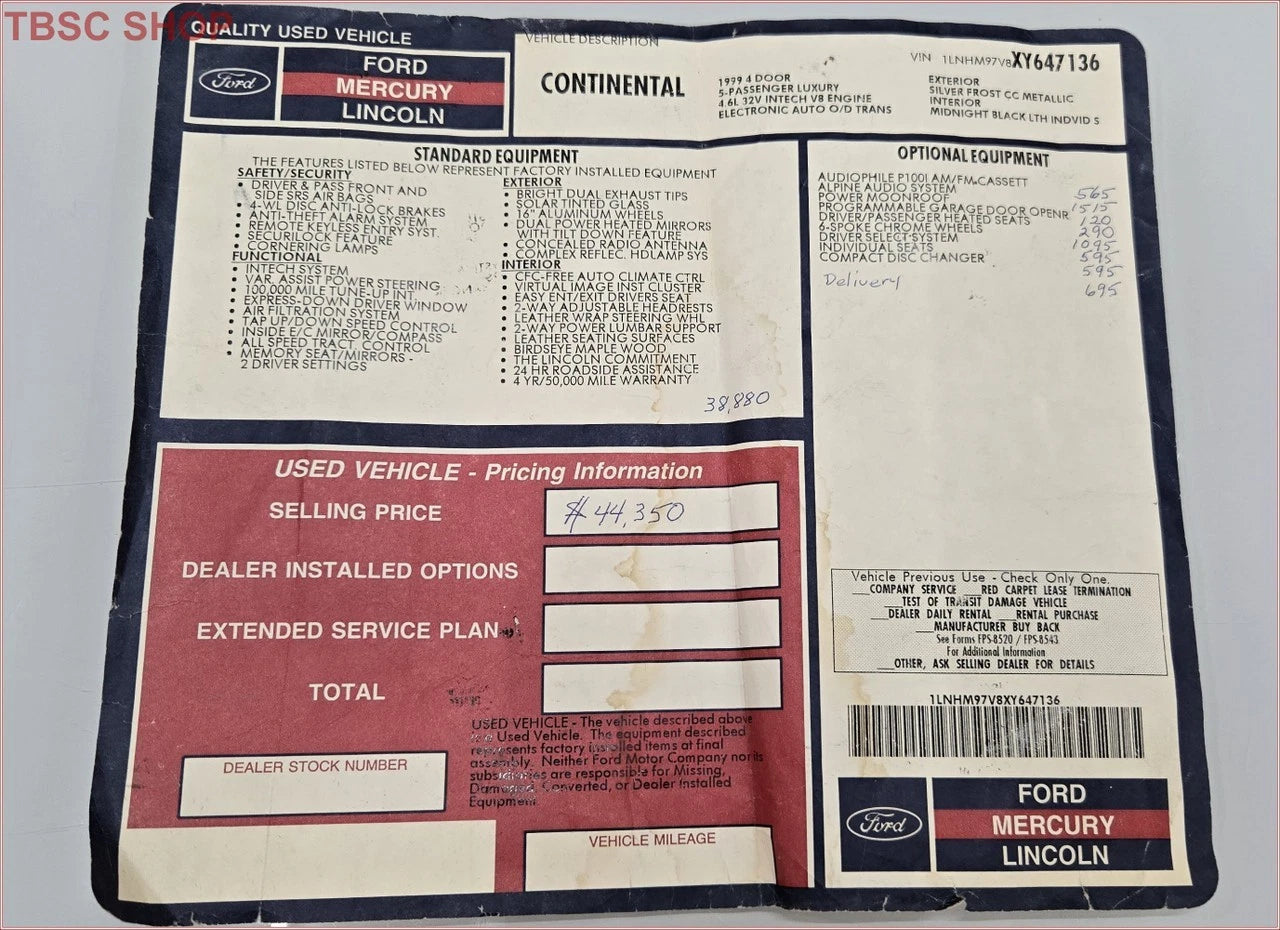 Dealer Sticker for Lincoln Continental (1999)