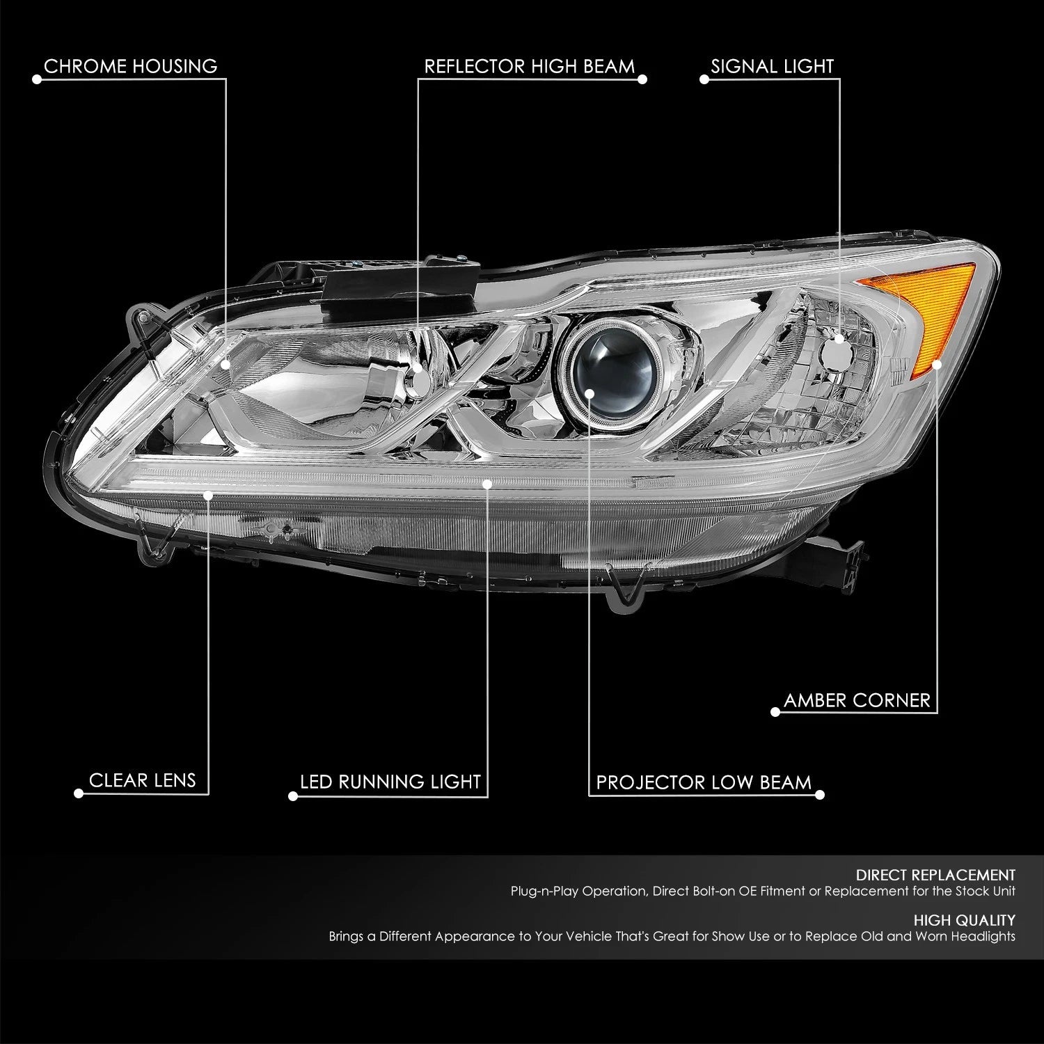 LED DRL Projector Headlight for Honda Accord (2016–2017) - Chrome Housing