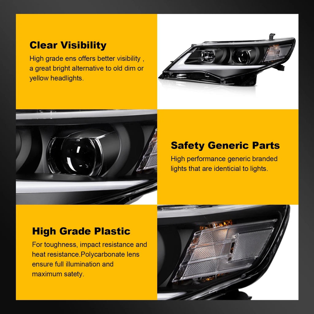 Pair Headlight Assembly for Toyota Camry (2012–2014) with LED DRL Black
