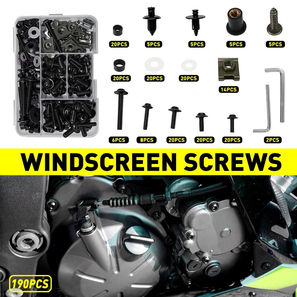 190pcs Aluminum Fairing Bolts Kit for Yamaha YZF R1 (1998–2021) YZF R6 (1999–2020) Black