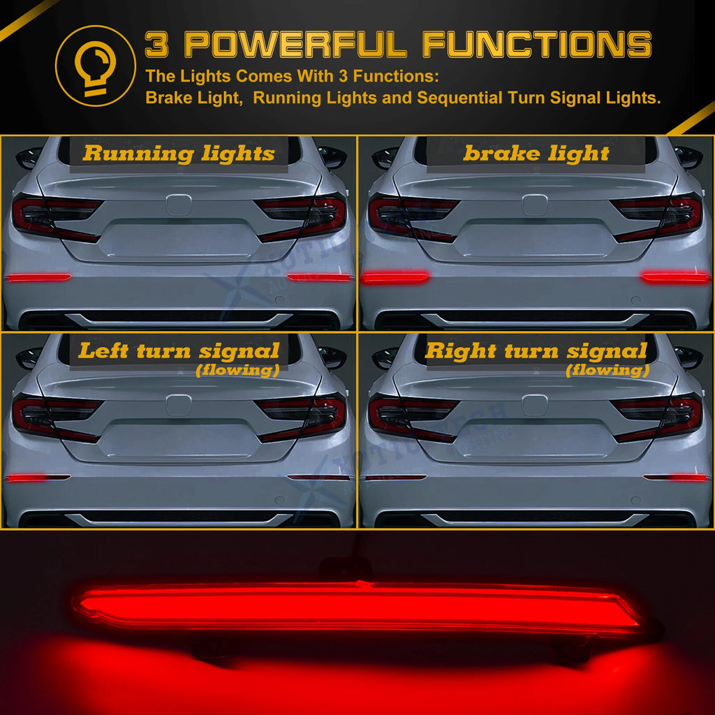 Red LED Rear Bumper Reflector Sequential Light for 2018-2021 Honda Accord