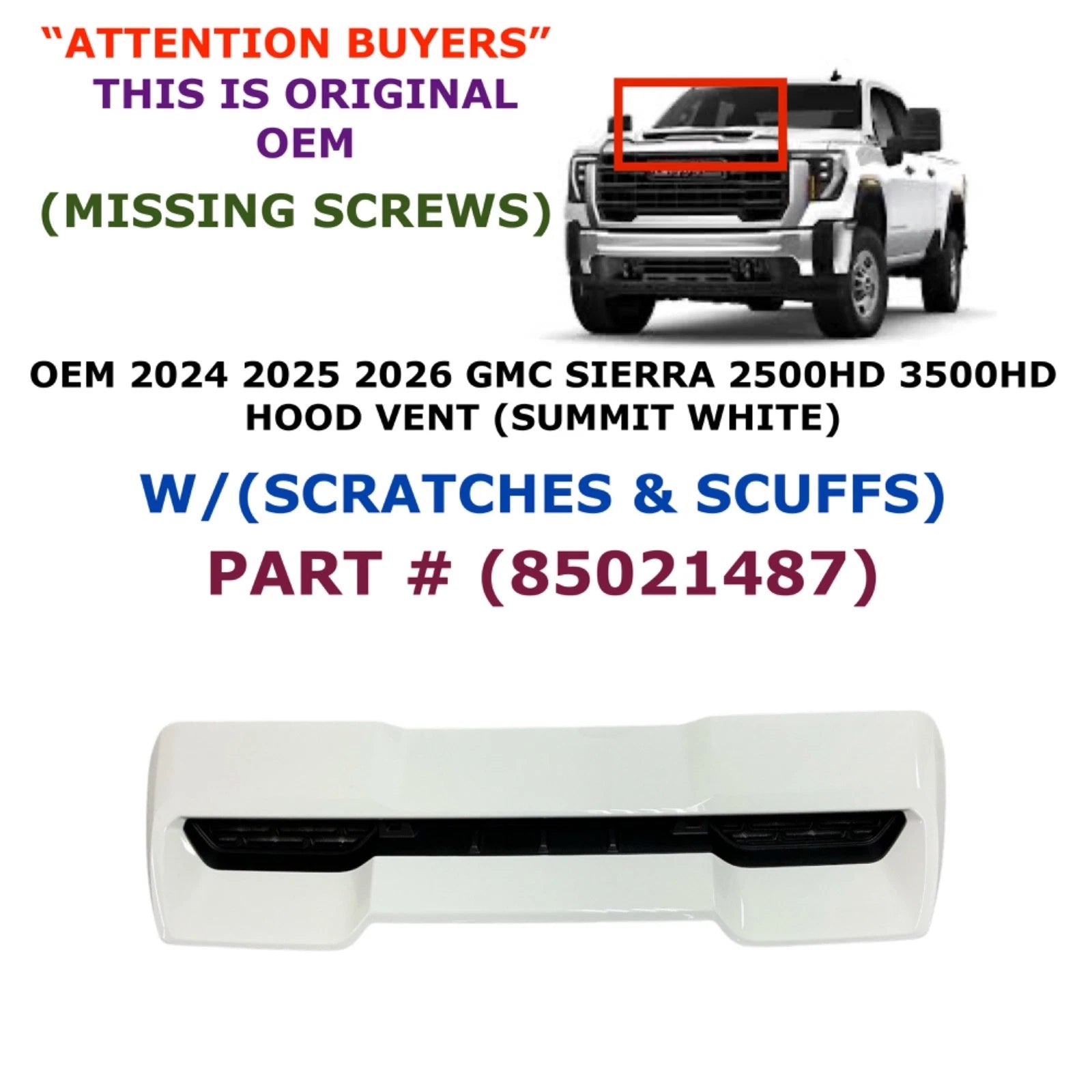 Hood Vent for GMC Sierra 2500HD 3500HD (2024–2026) SUMMIT WHITE